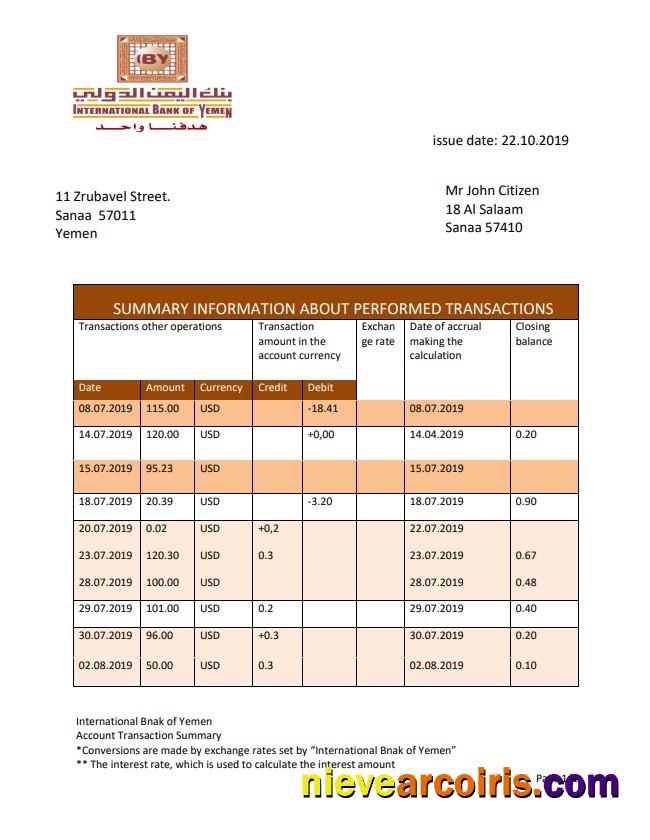 Yemen International bank of Yemen bank statement